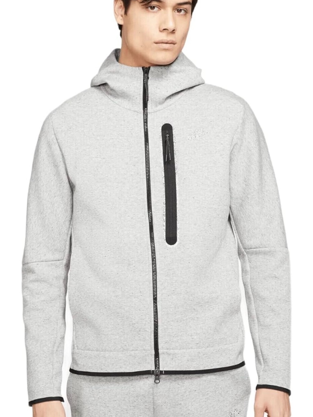 Nike Tech Light Gray Zip-Up Hoodie Jacket with Black Trim